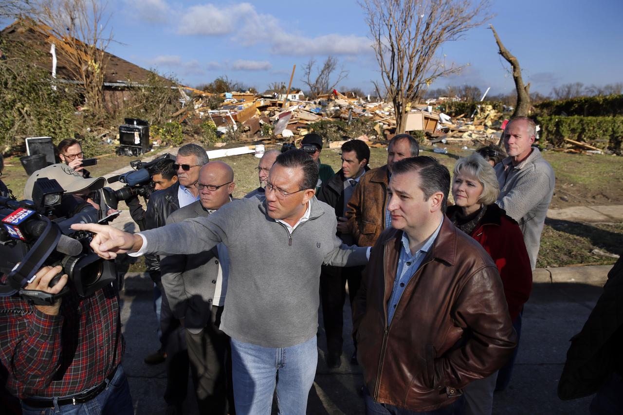Surveying the tornado damage Mayor Gottel, Senator Ted Cruz (R) and State Rep. Cindy Burkett of Texas survey tornado damage